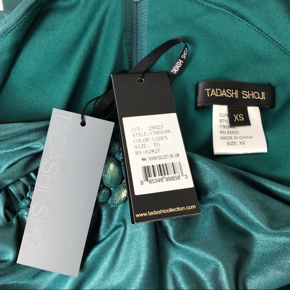 Tadashi Shoji Dress Teal Fitted Drape Ruched Gown - Picture 8 of 8